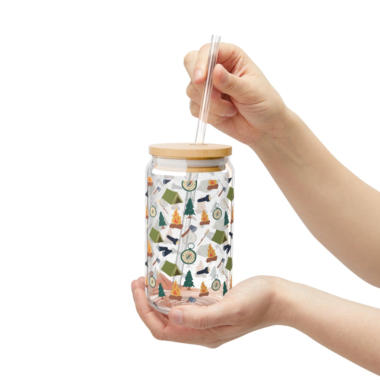 Camping Pattern Can Glass – 16oz Glass Tumbler with Bamboo Lid & Straw