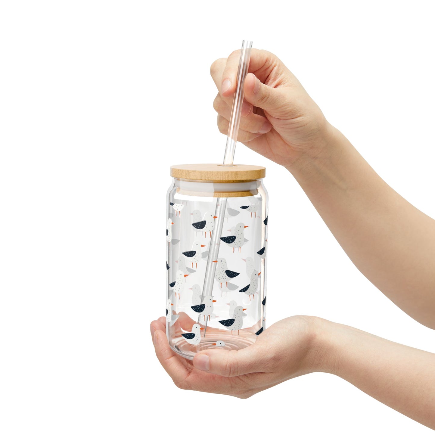 Seagull Glass 16 oz. Can Tumbler with Bamboo Lid & Straw, Coastal Drinkware, Beach House Iced Coffee Glass, Nautical Kitchen Cup