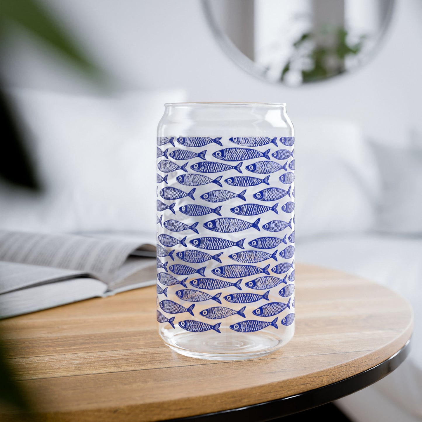 Blue Fish Pattern Glass Can Tumbler with Bamboo Lid & Straw, Coastal Drinkware, Ocean-Inspired Iced Coffee Glass, Beach House Kitchen