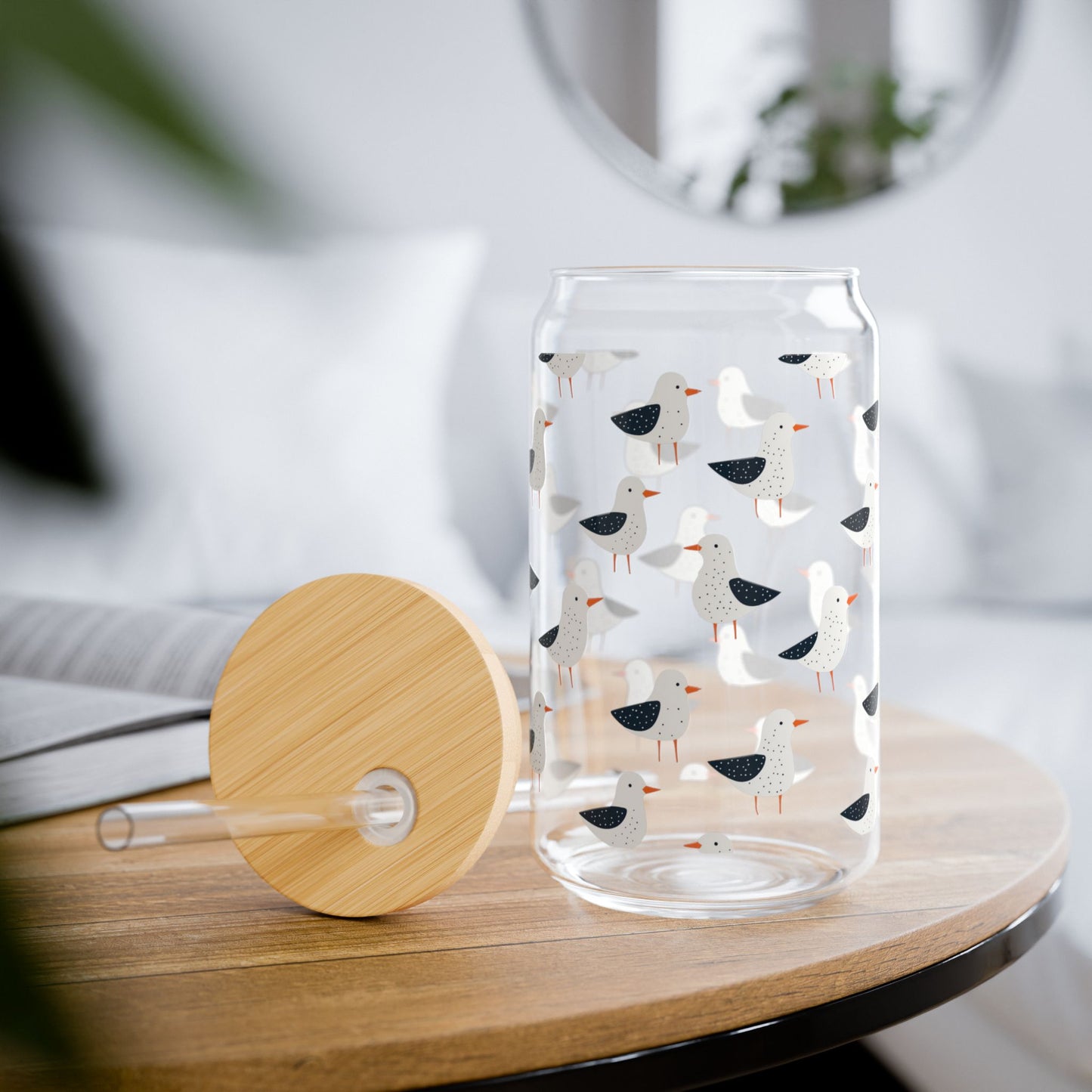 Seagull Glass 16 oz. Can Tumbler with Bamboo Lid & Straw, Coastal Drinkware, Beach House Iced Coffee Glass, Nautical Kitchen Cup