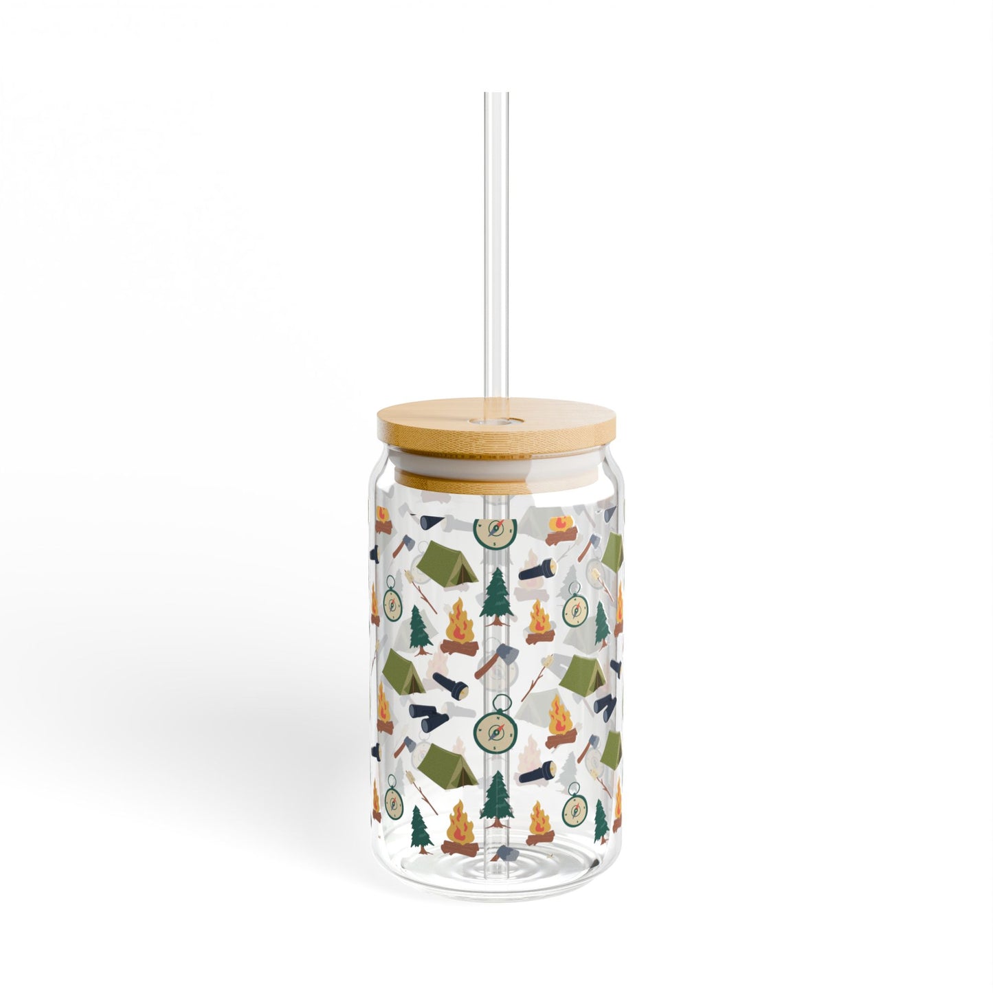 Camping Pattern Can Glass – 16oz Glass Tumbler with Bamboo Lid & Straw