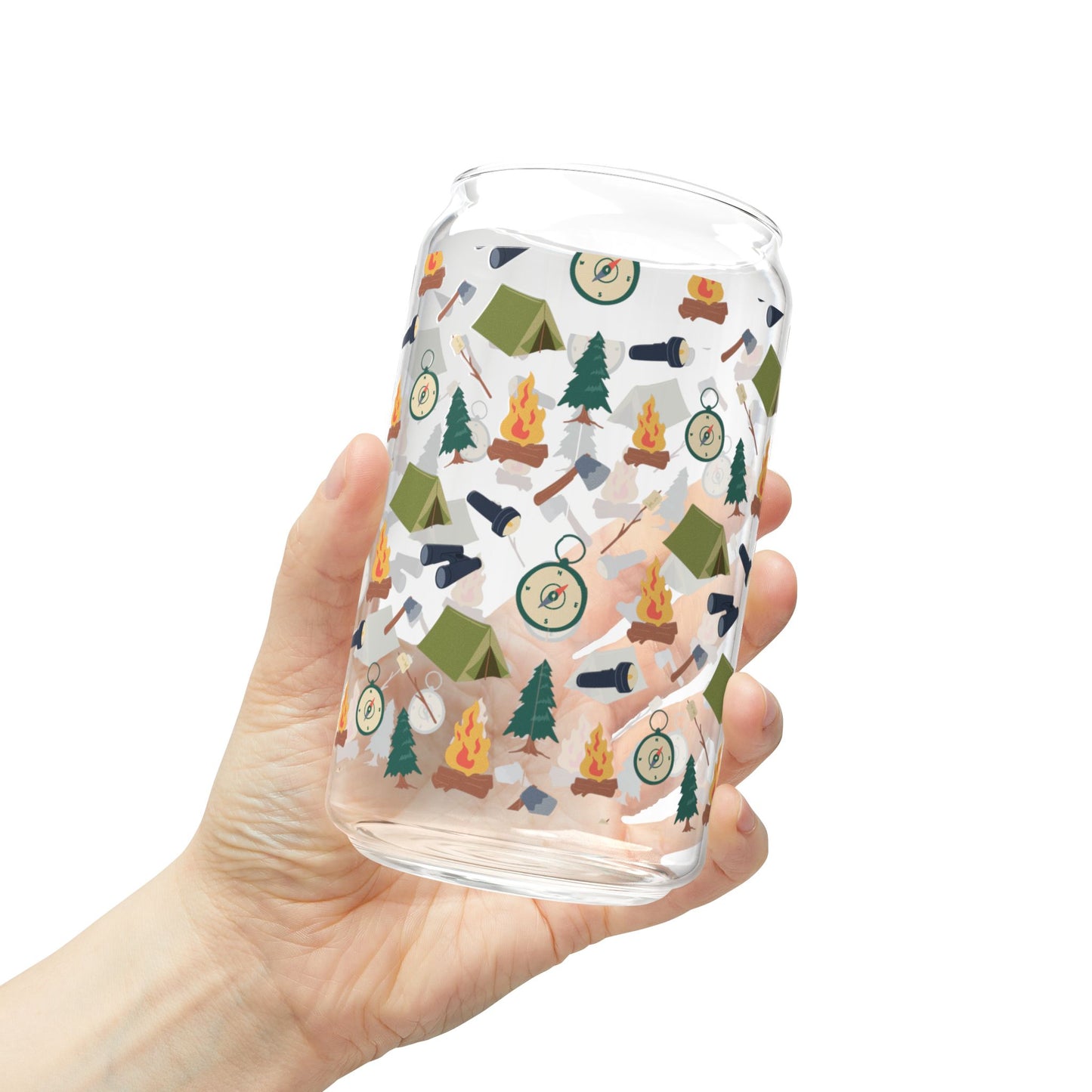 Camping Pattern Can Glass – 16oz Glass Tumbler with Bamboo Lid & Straw