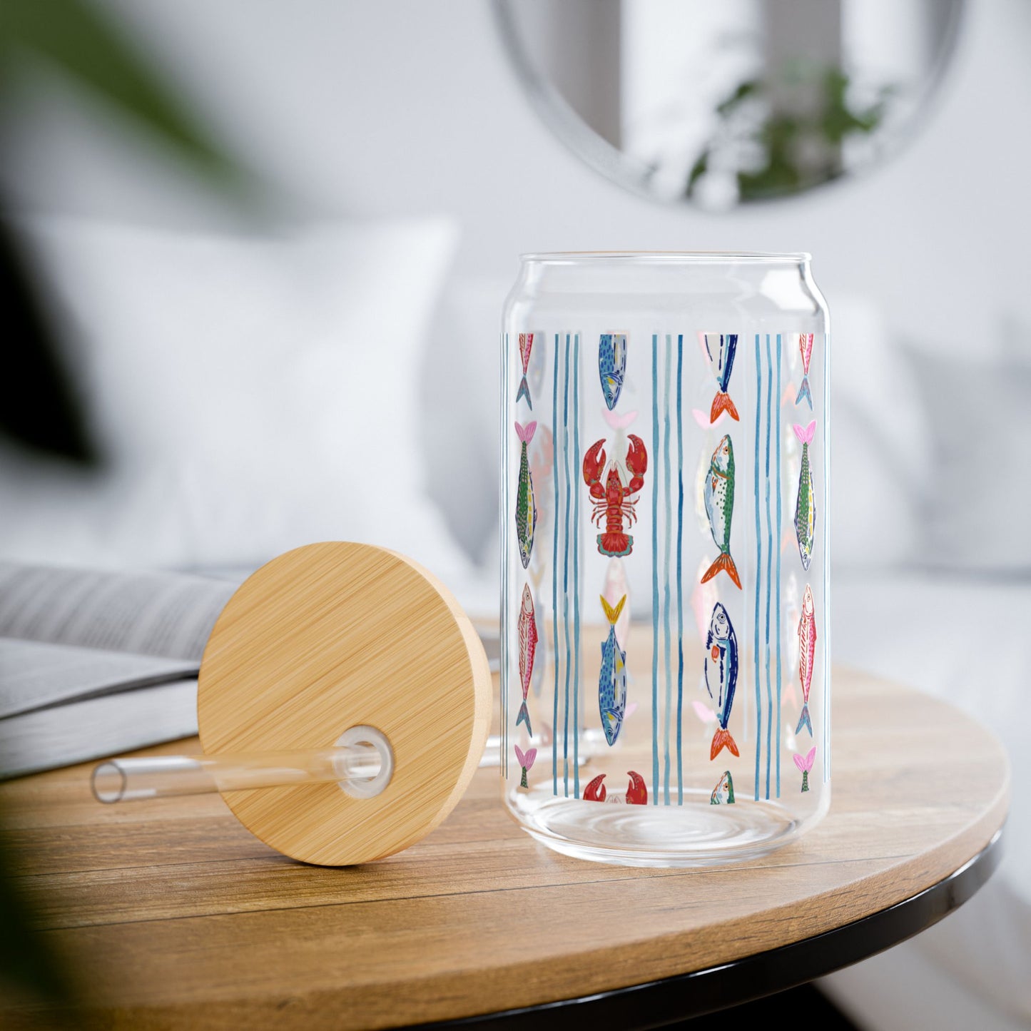 Fisherman Aesthetic 16oz Glass Tumbler with Bamboo Lid and Straw