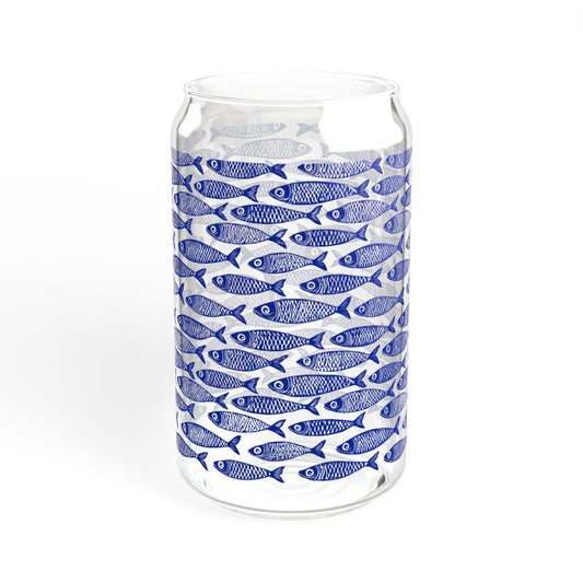 Blue Fish Pattern Glass Can Tumbler with Bamboo Lid & Straw, Coastal Drinkware, Ocean-Inspired Iced Coffee Glass, Beach House Kitchen
