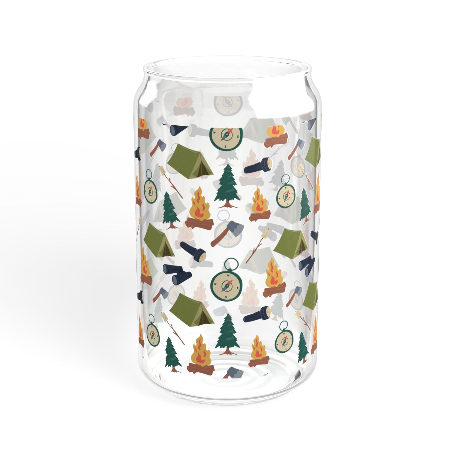Camping Pattern Can Glass – 16oz Glass Tumbler with Bamboo Lid & Straw
