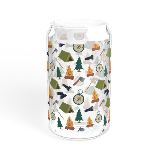 Camping Pattern Can Glass – 16oz Glass Tumbler with Bamboo Lid & Straw