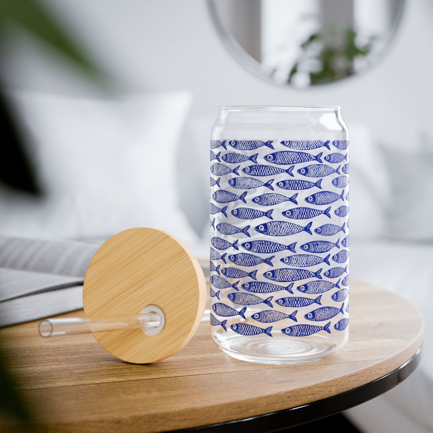 Blue Fish Pattern Glass Can Tumbler with Bamboo Lid & Straw, Coastal Drinkware, Ocean-Inspired Iced Coffee Glass, Beach House Kitchen
