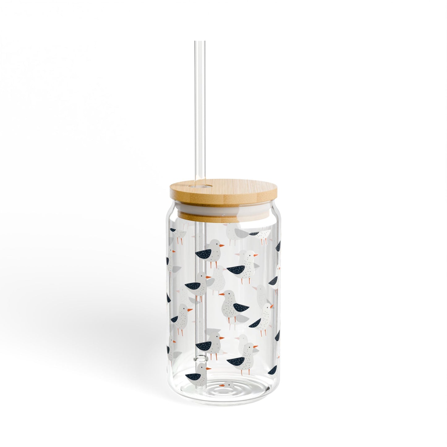 Seagull Glass 16 oz. Can Tumbler with Bamboo Lid & Straw, Coastal Drinkware, Beach House Iced Coffee Glass, Nautical Kitchen Cup