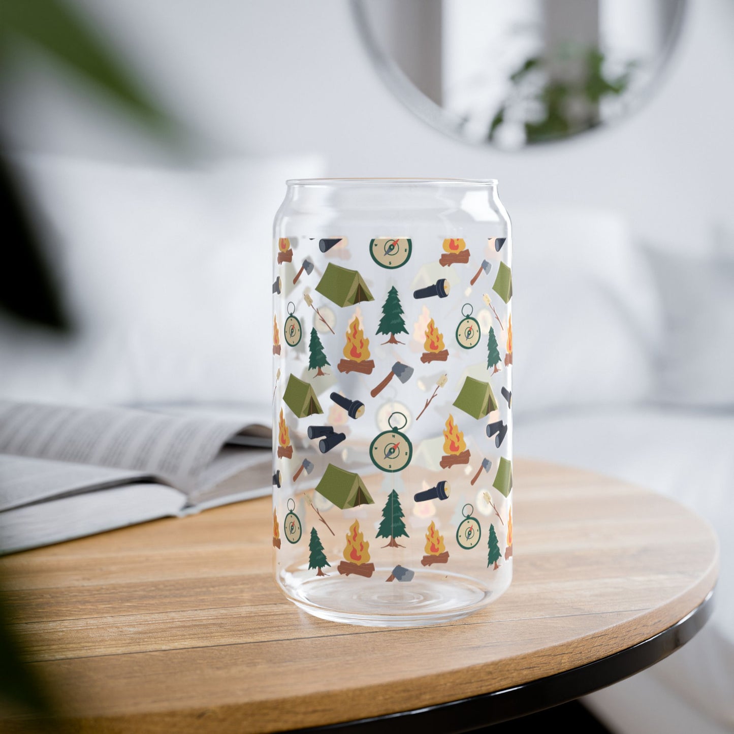 Camping Pattern Can Glass – 16oz Glass Tumbler with Bamboo Lid & Straw