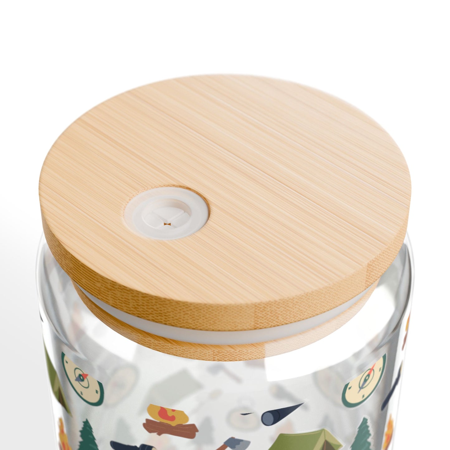 Camping Pattern Can Glass – 16oz Glass Tumbler with Bamboo Lid & Straw