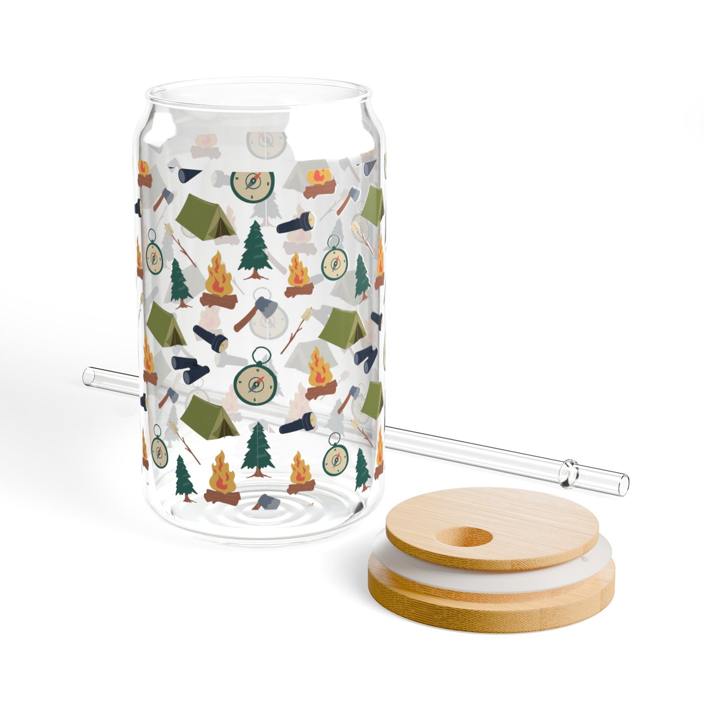 Camping Pattern Can Glass – 16oz Glass Tumbler with Bamboo Lid & Straw