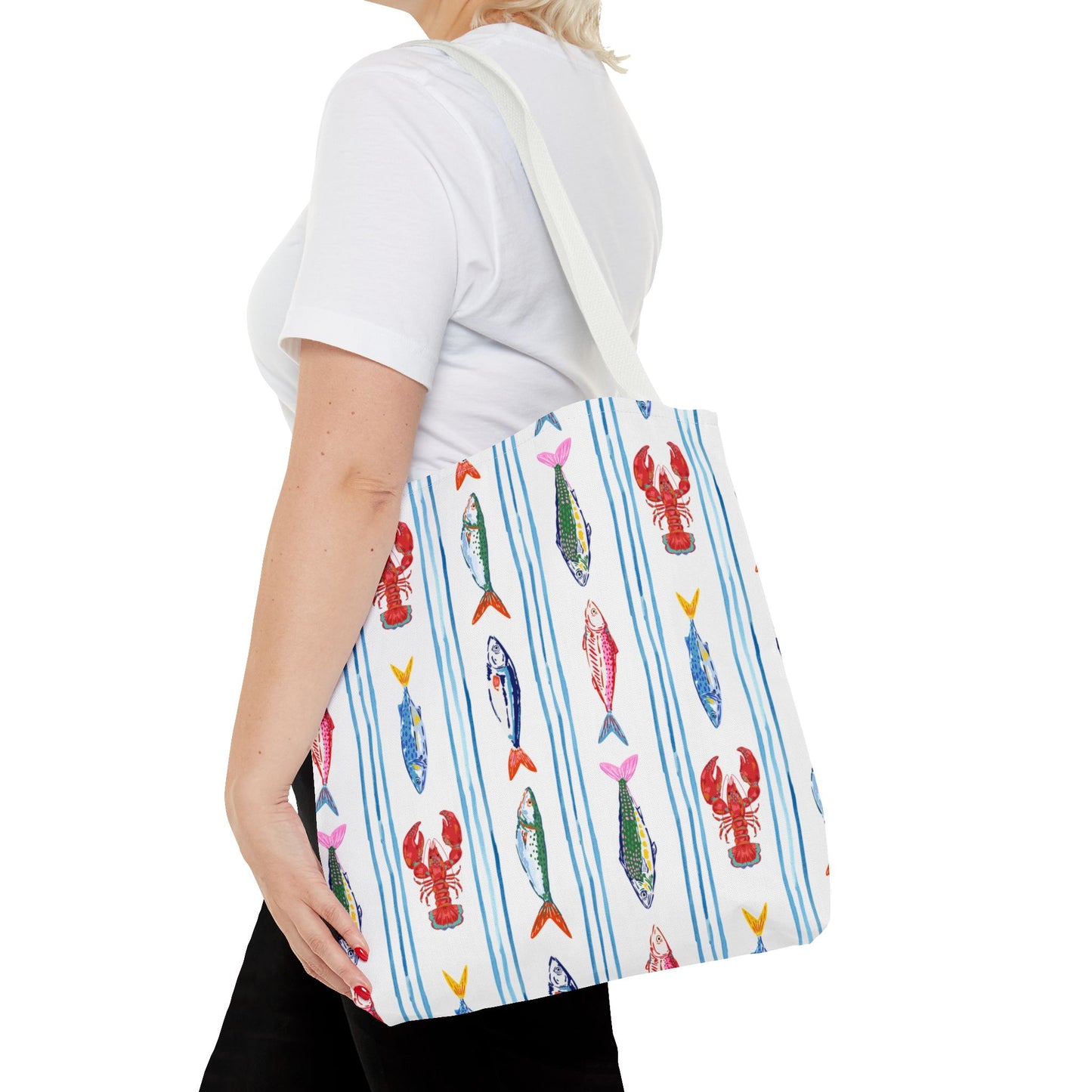 Fisherman Aesthetic Nautical Tote Bag, Multi-Size Durable Tote with 3 Handle Options - Lobsters & Fish