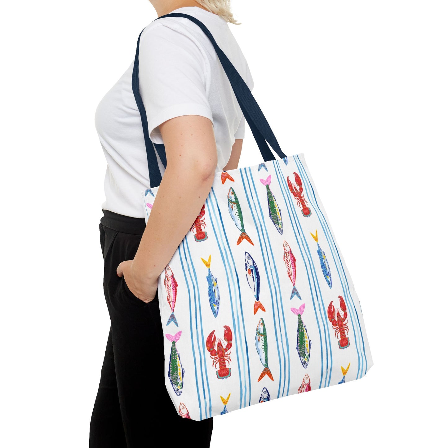 Fisherman Aesthetic Nautical Tote Bag, Multi-Size Durable Tote with 3 Handle Options - Lobsters & Fish